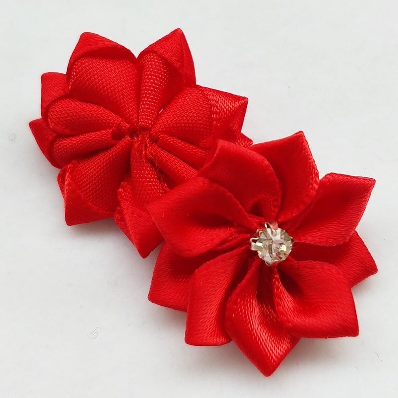 Chenkou Craft Red 40pcs 28mm(1 1/8") Ribbon Flowers Bows Rhinestone Wedding Ornament Appliques - Image 3